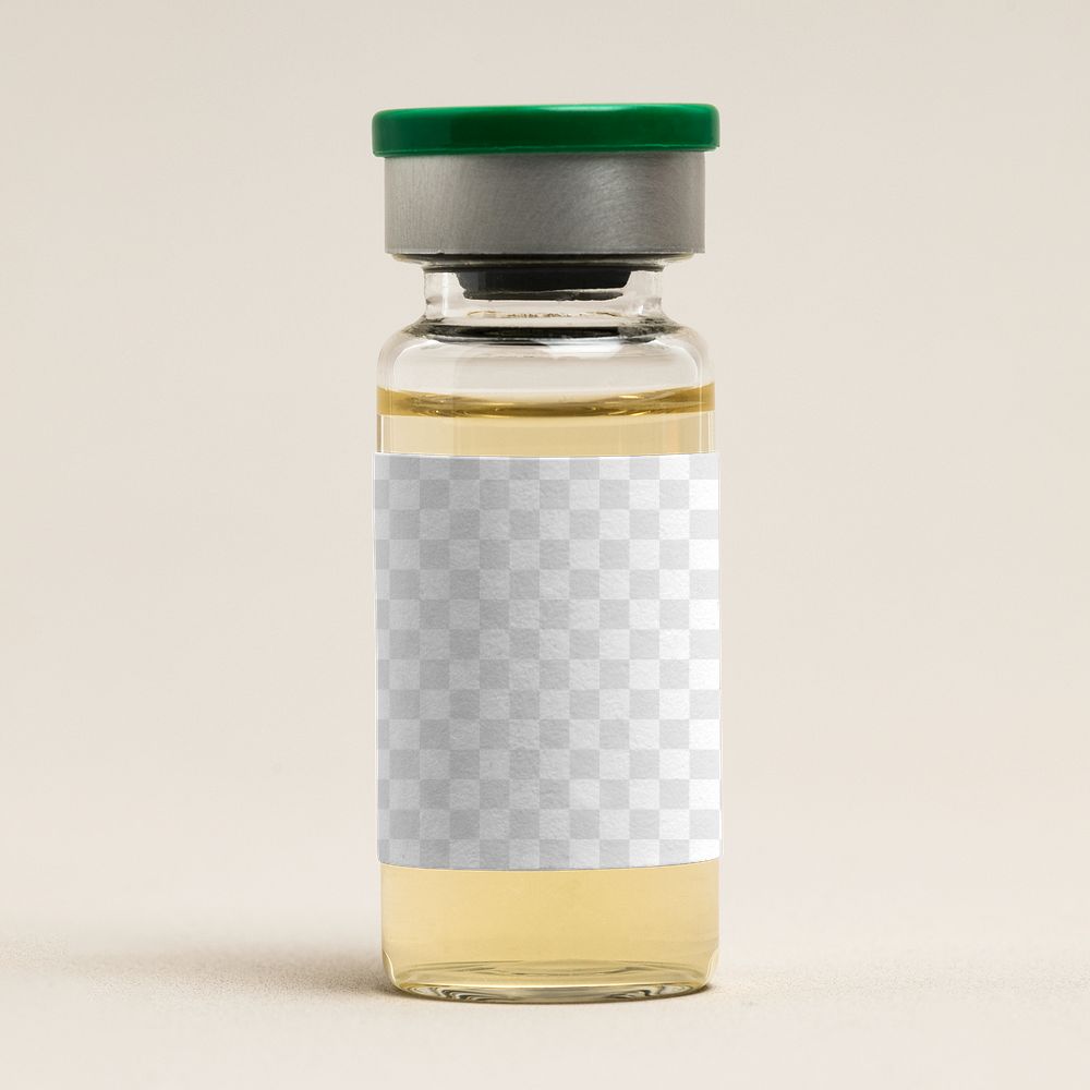 Png vial label mockup injection glass bottle with yellow liquid