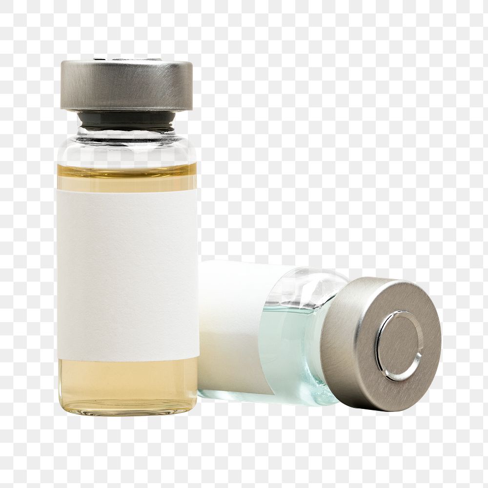 Yellow color vaccine inside of vial bottles with labels png 