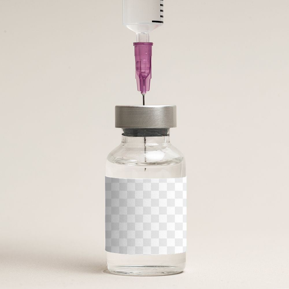 Injection glass bottle png label mockup with syringe