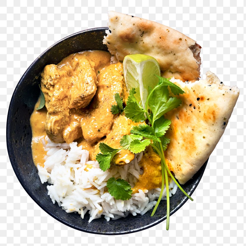 Png butter chicken Indian curry with rice food photography