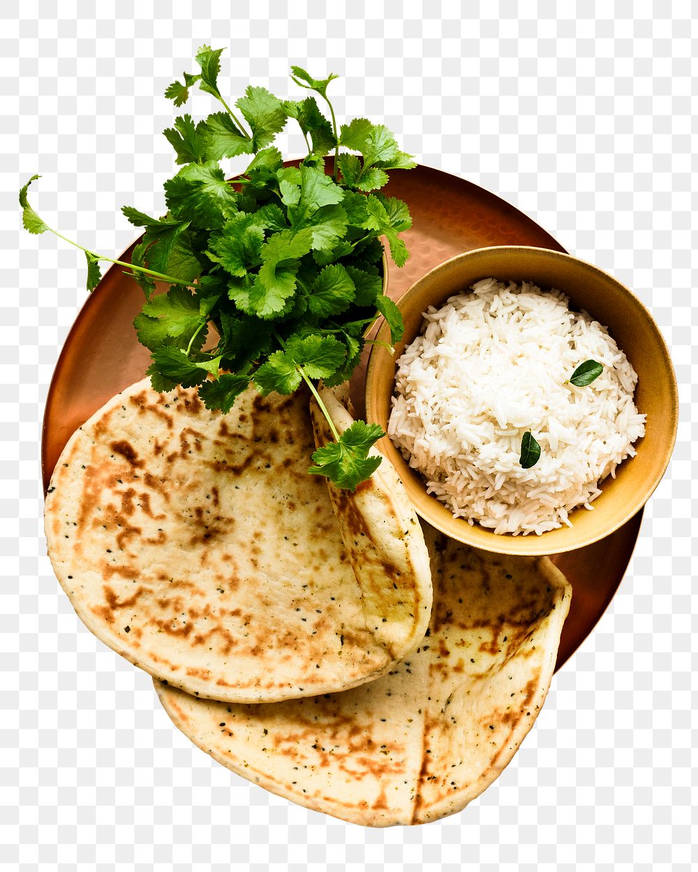 PNG rice with naan served on tray food photography flat lay