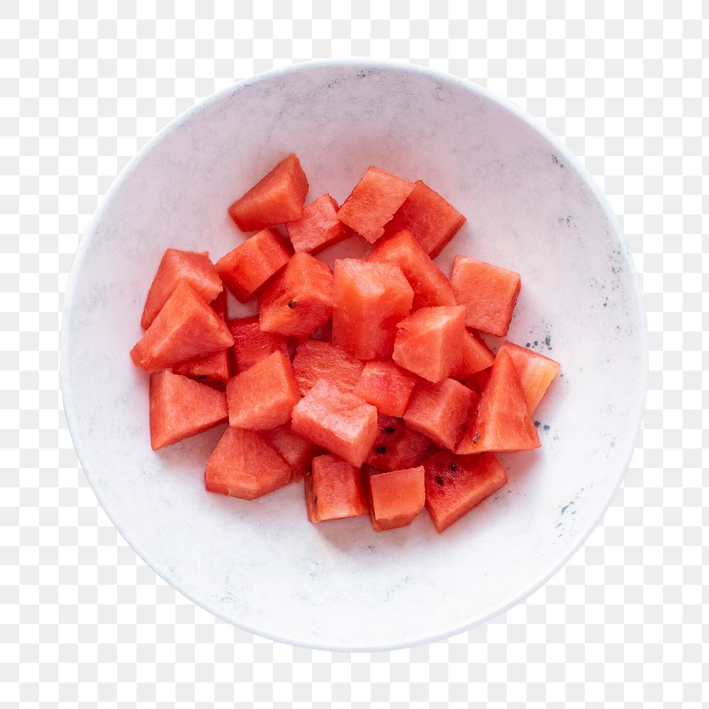 Png chopped watermelon in white plate with fork