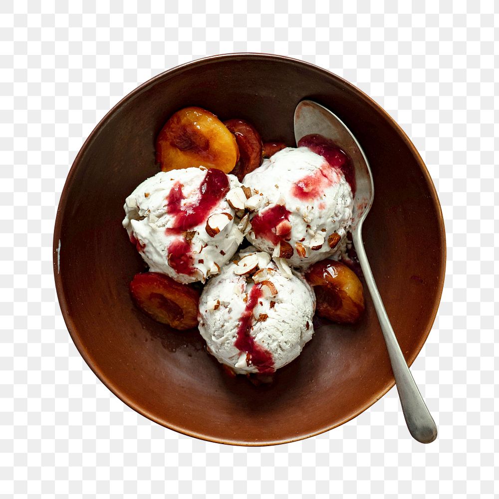 Roasted plums ice cream png with chopped hazelnut