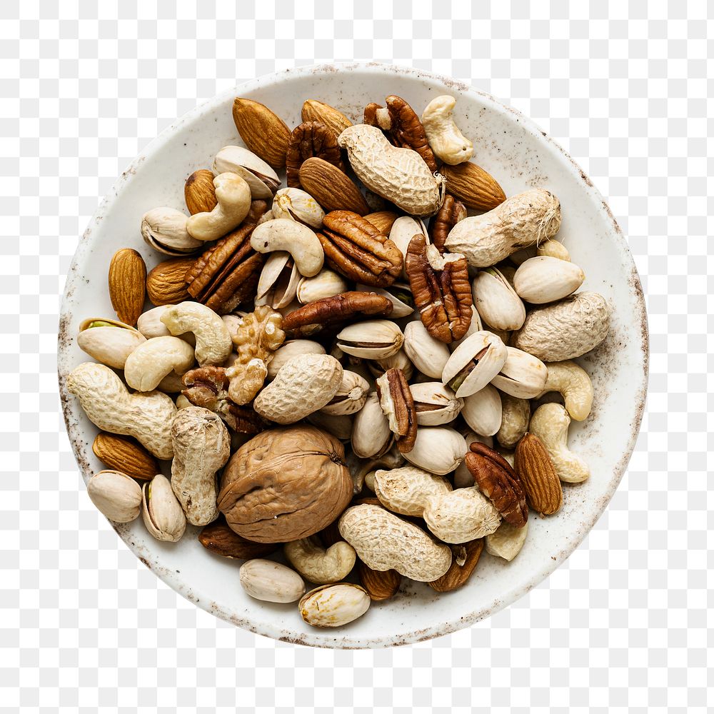 Mixed nuts in cup png flat lay on transparent background