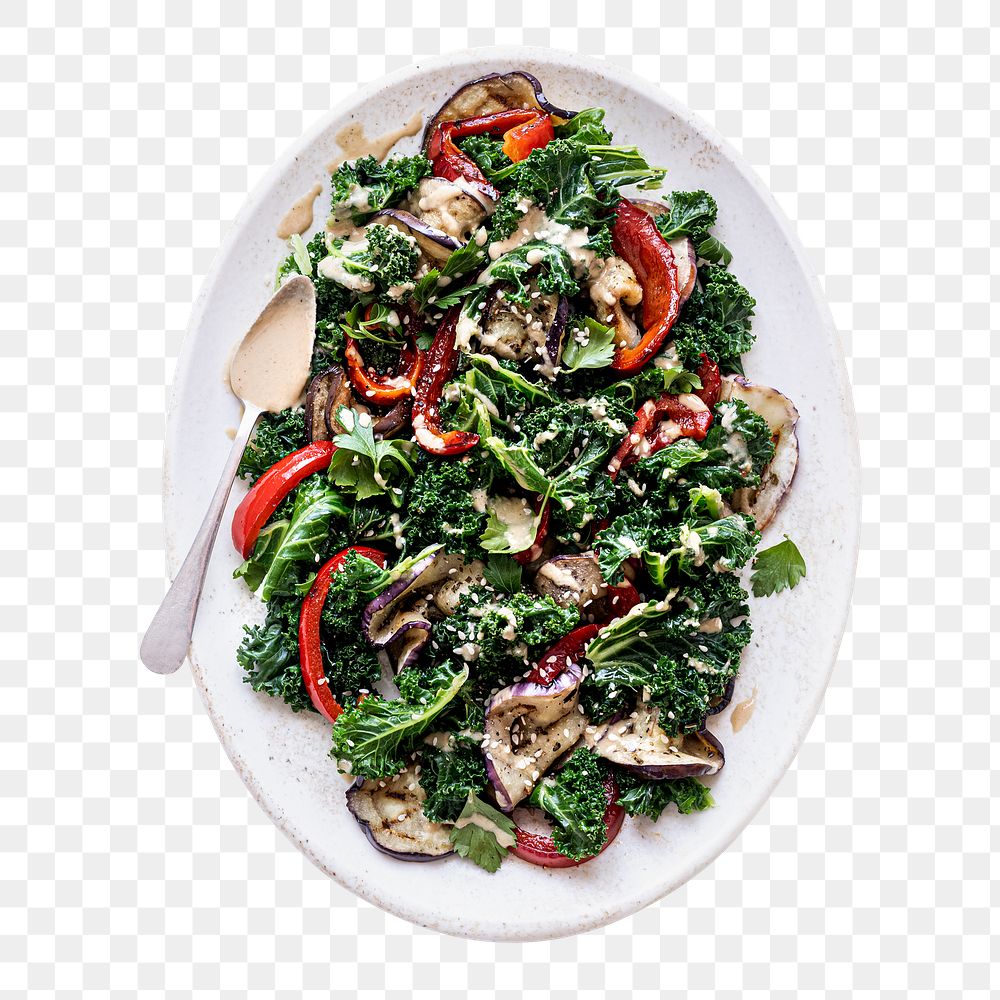 Keto salad png with roasted eggplant and kale