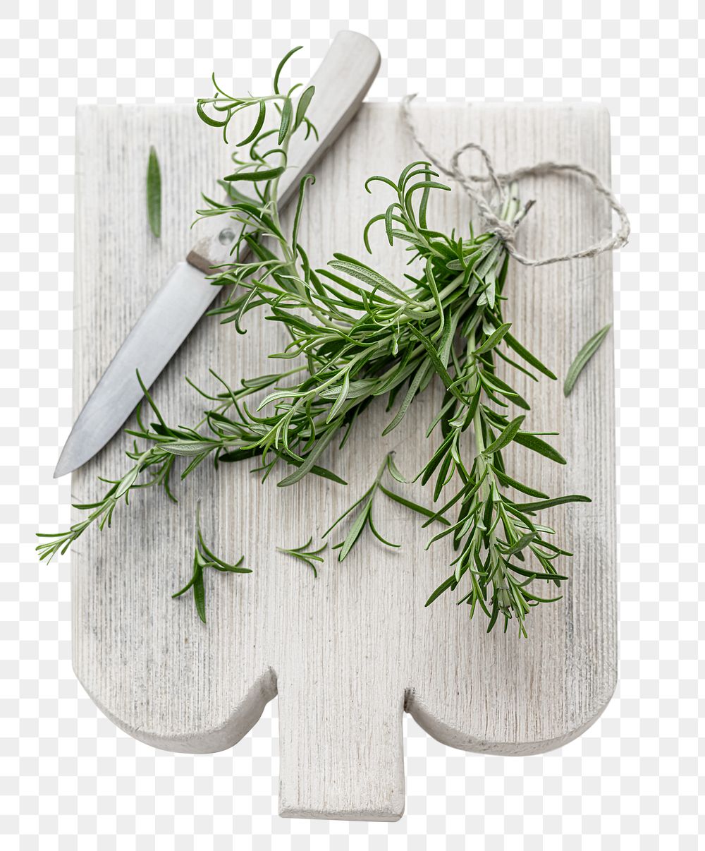 Png rosemary leaves on cut board flat lay