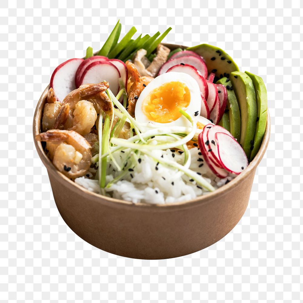 Takeaway food mockup png egg and prawn poke bowl 