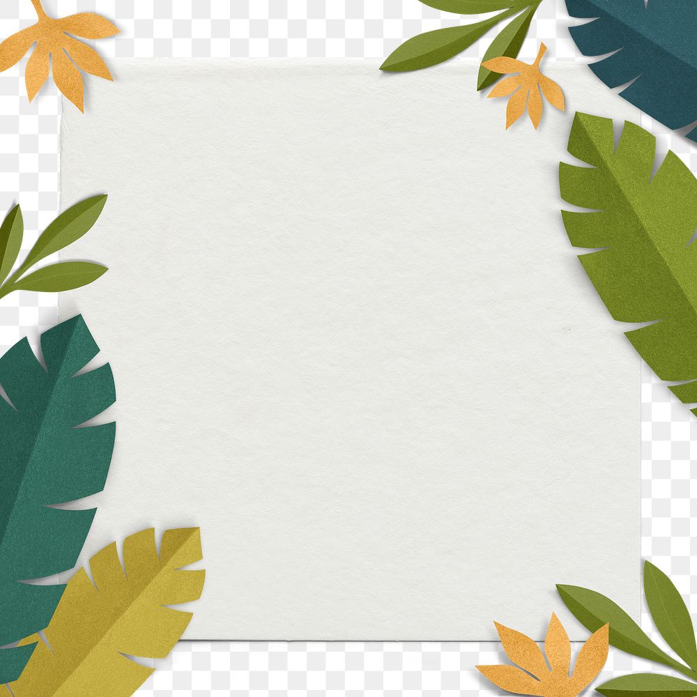 Png transparent frame with green leaf border in flat lay style