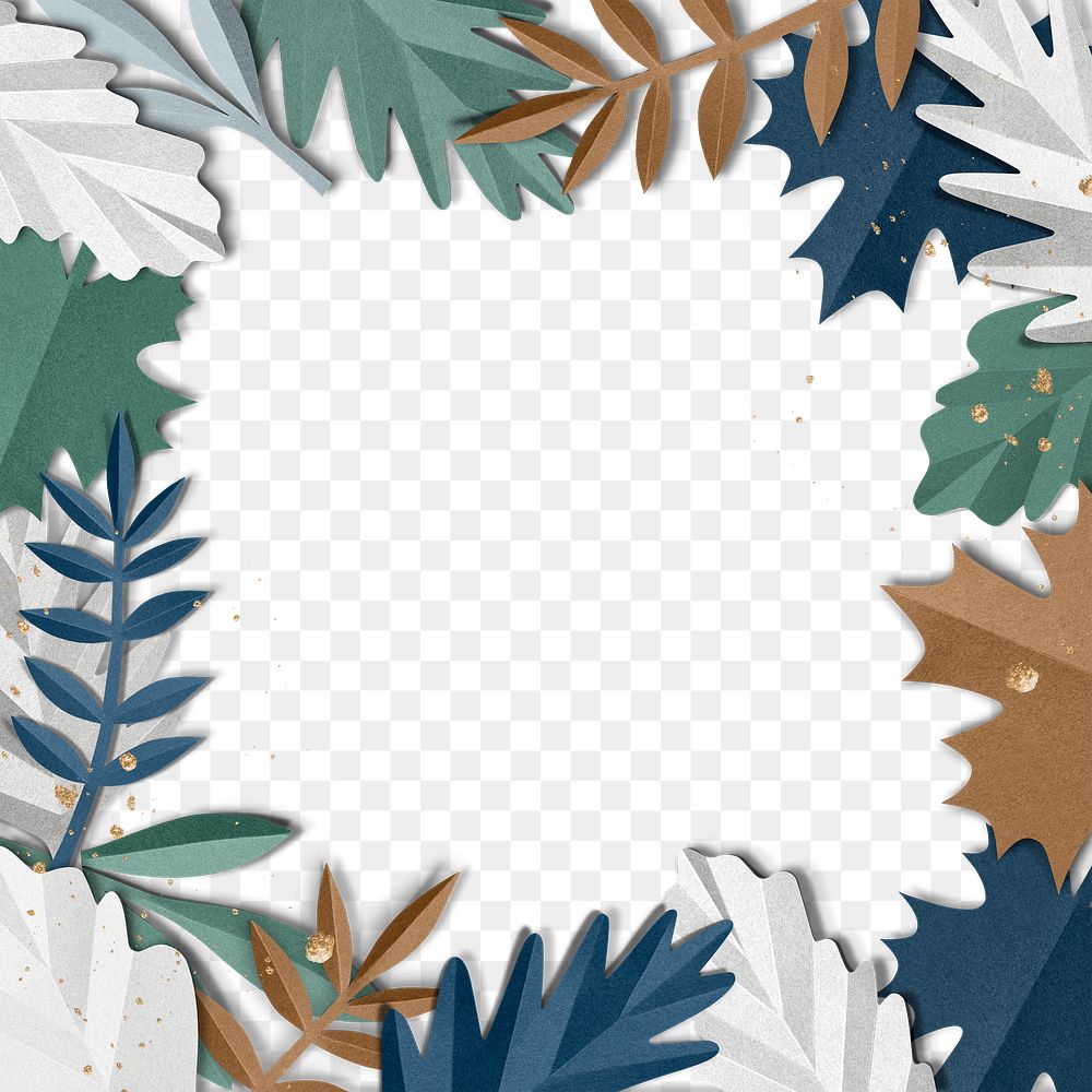 Paper craft leaf frame png with glitter in winter tone transparent background