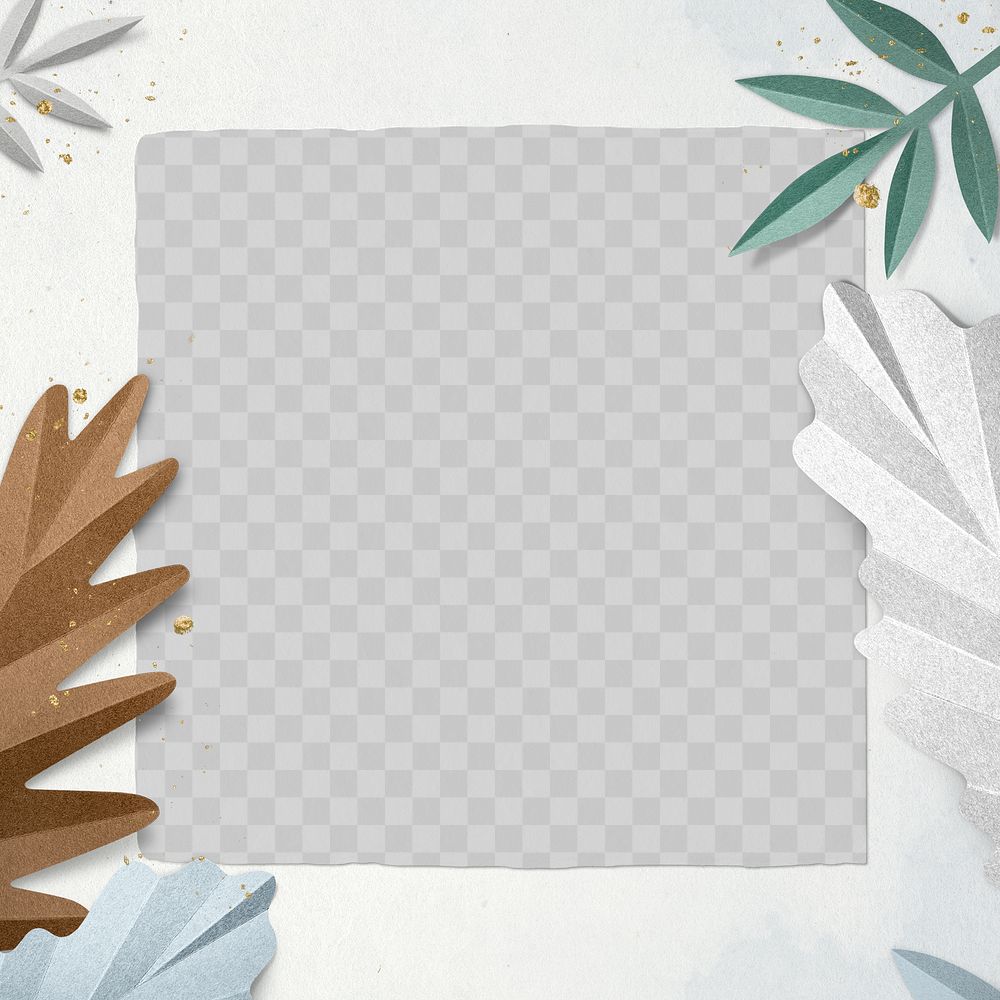 Frame png with paper craft leaves in winter tone flat lay style
