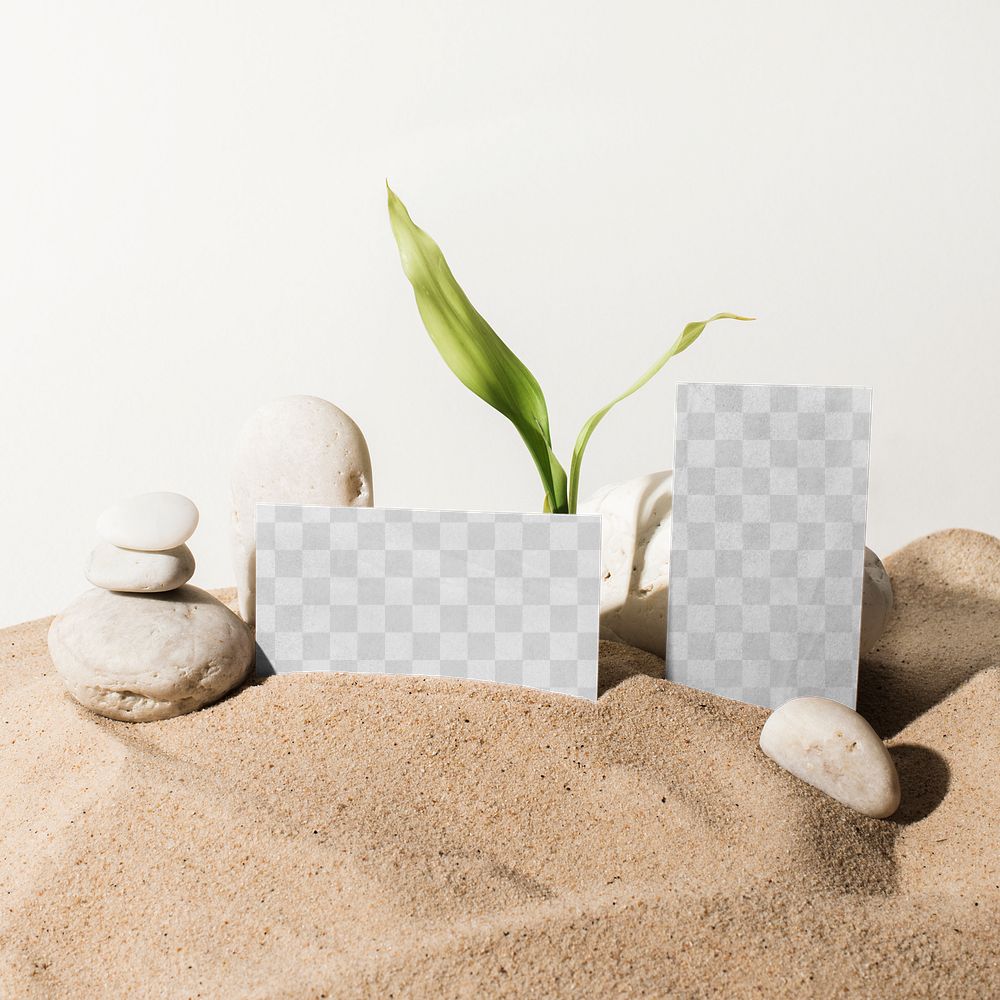 Aesthetic business cards mockup png tucked in the sand