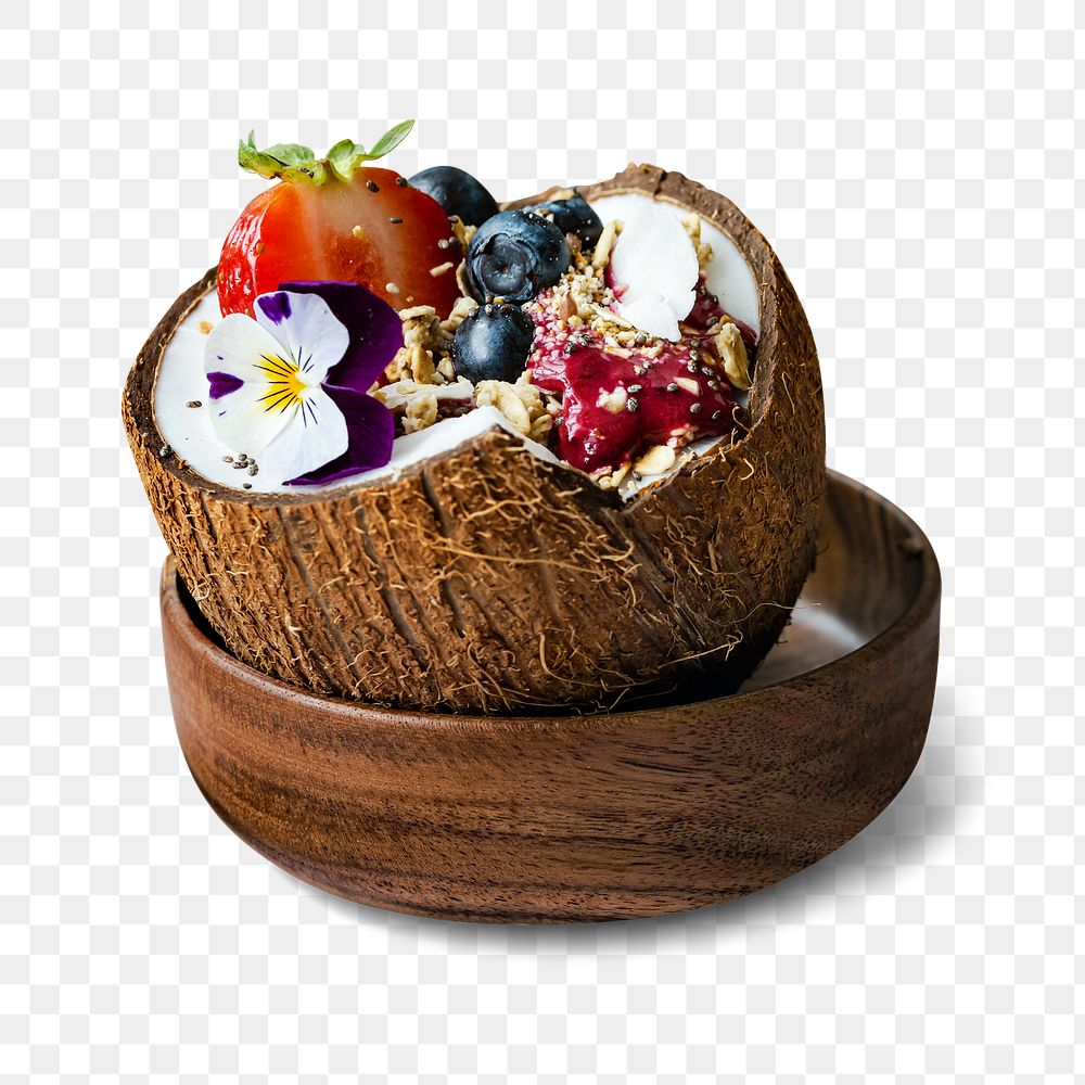Acai smoothie bowl png transparent background in coconut shell