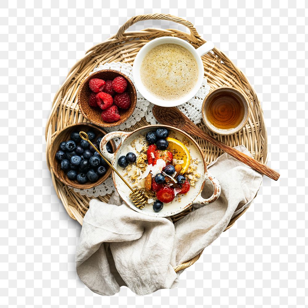 Fruity breakfast set png transparent background in flat lay style