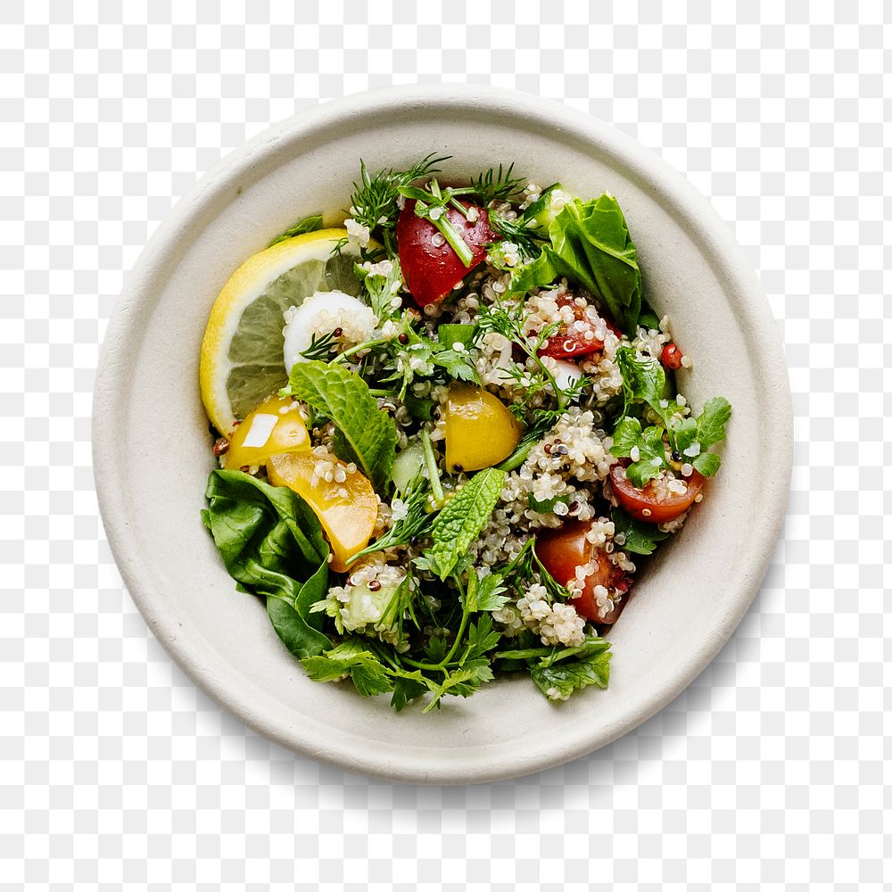 Quinoa salad bowl png transparent background flat lay style