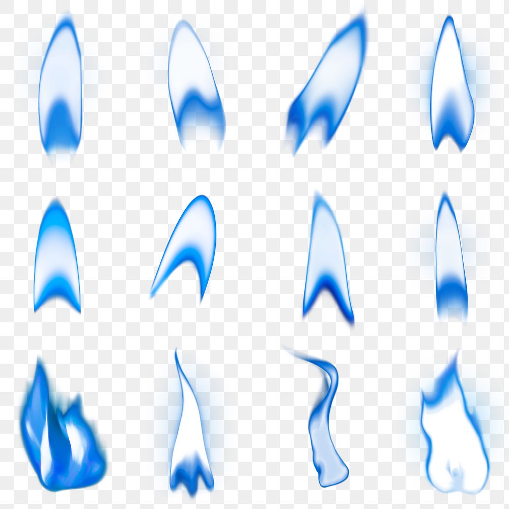 Torch flame png sticker, blue realistic burning fire set