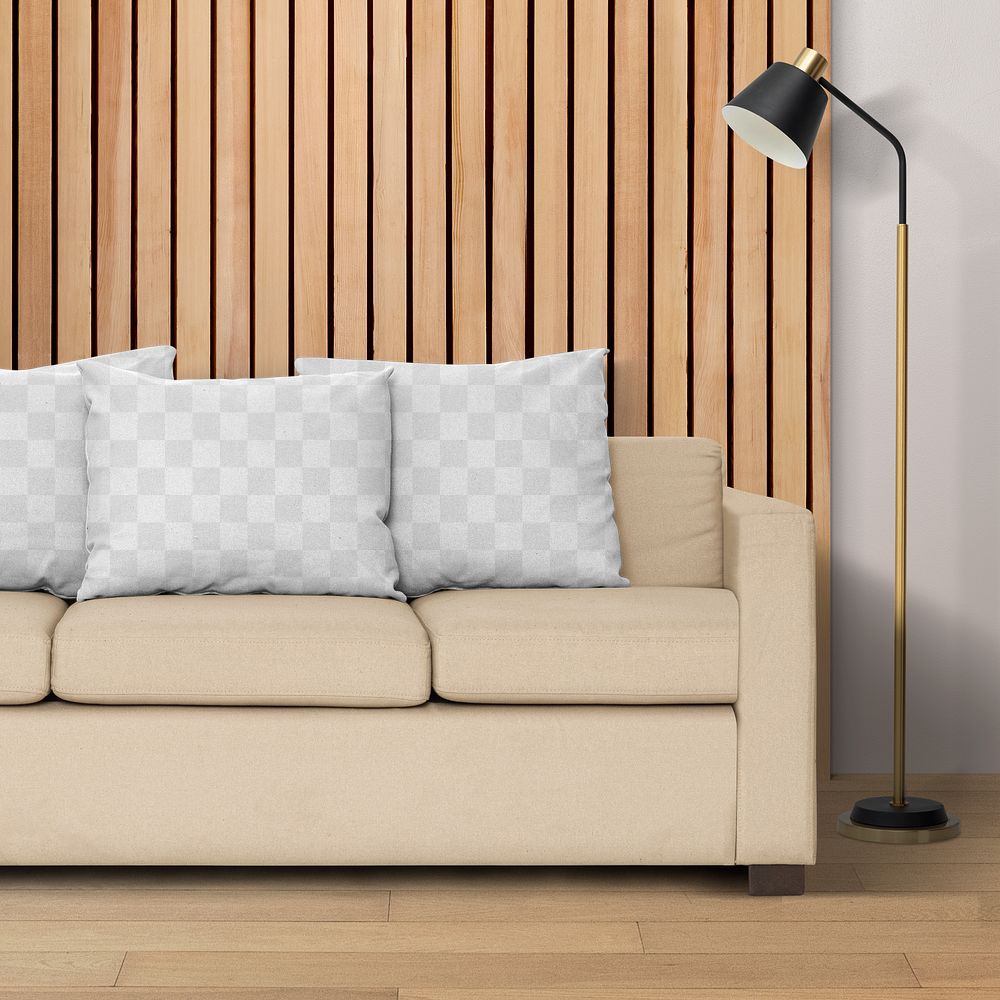 Cushion png mockup on a sofa in a modern living room