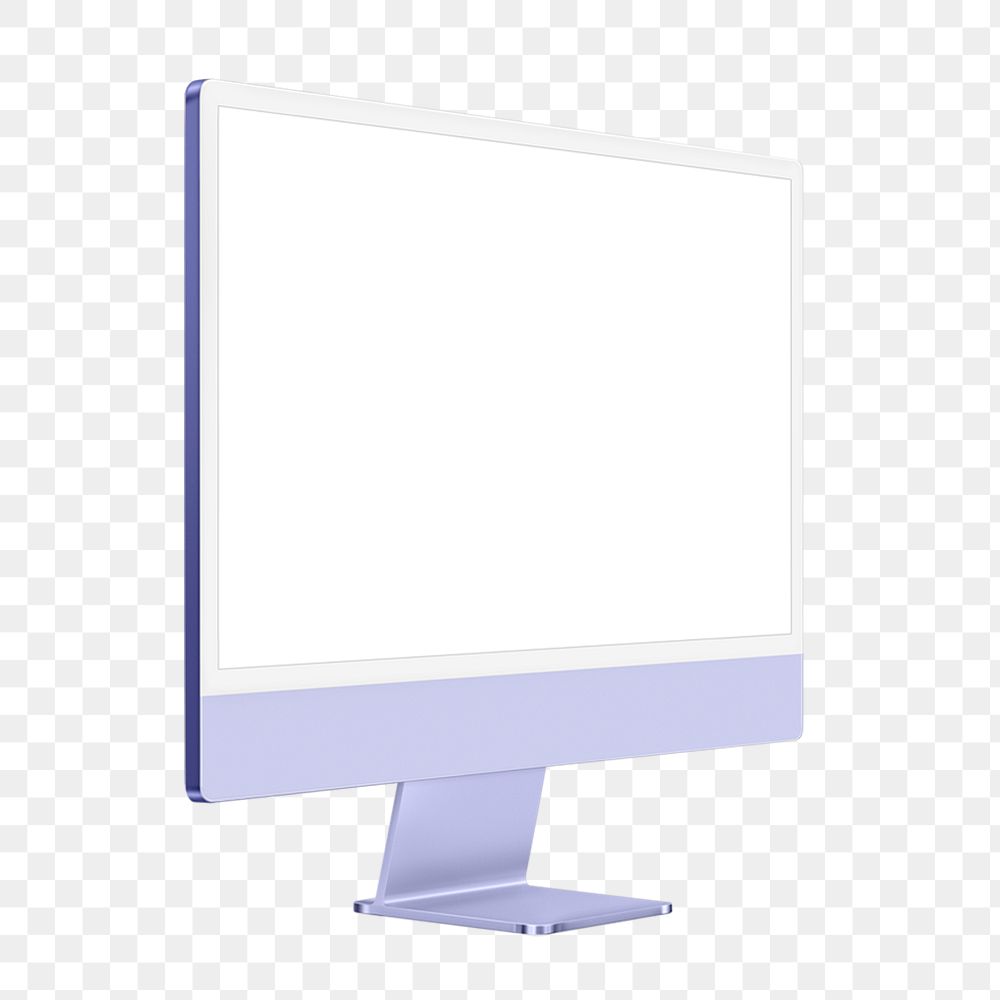 Purple computer png mockup with white screen digital device