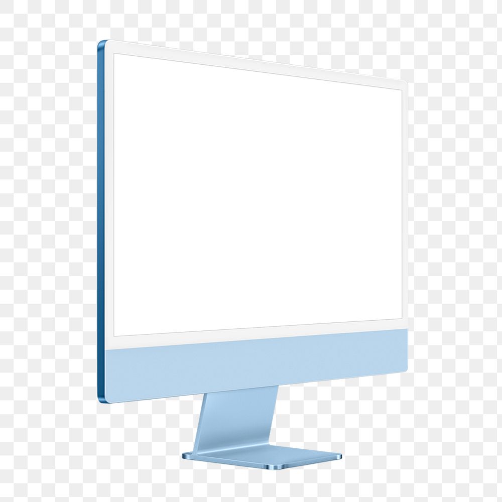 Blue computer png mockup with white screen digital device
