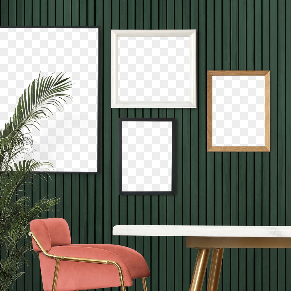 Png gallery wall mockup hanging in retro green dining room