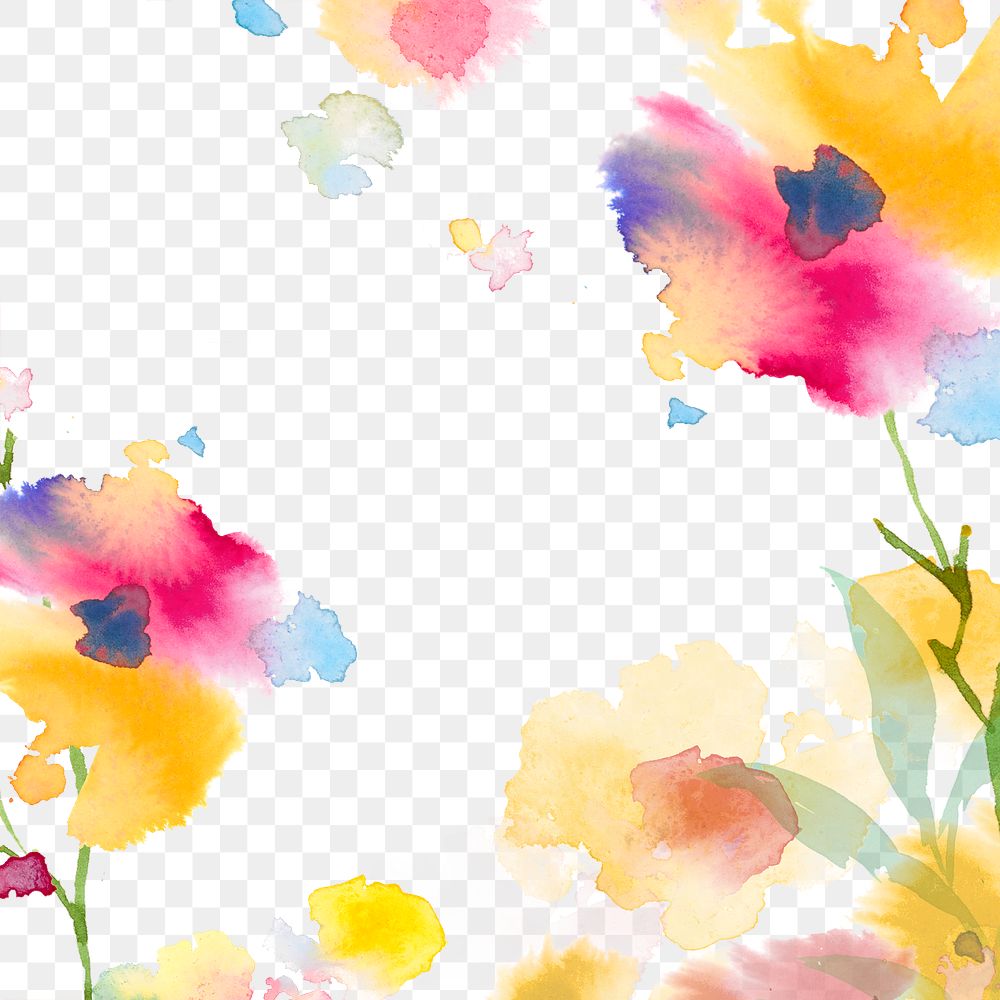 Spring png floral border background in yellow with flower watercolor illustration