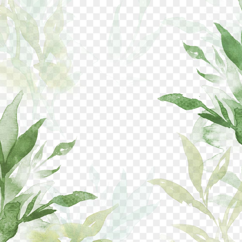 Spring png floral border background in green with leaf watercolor illustration