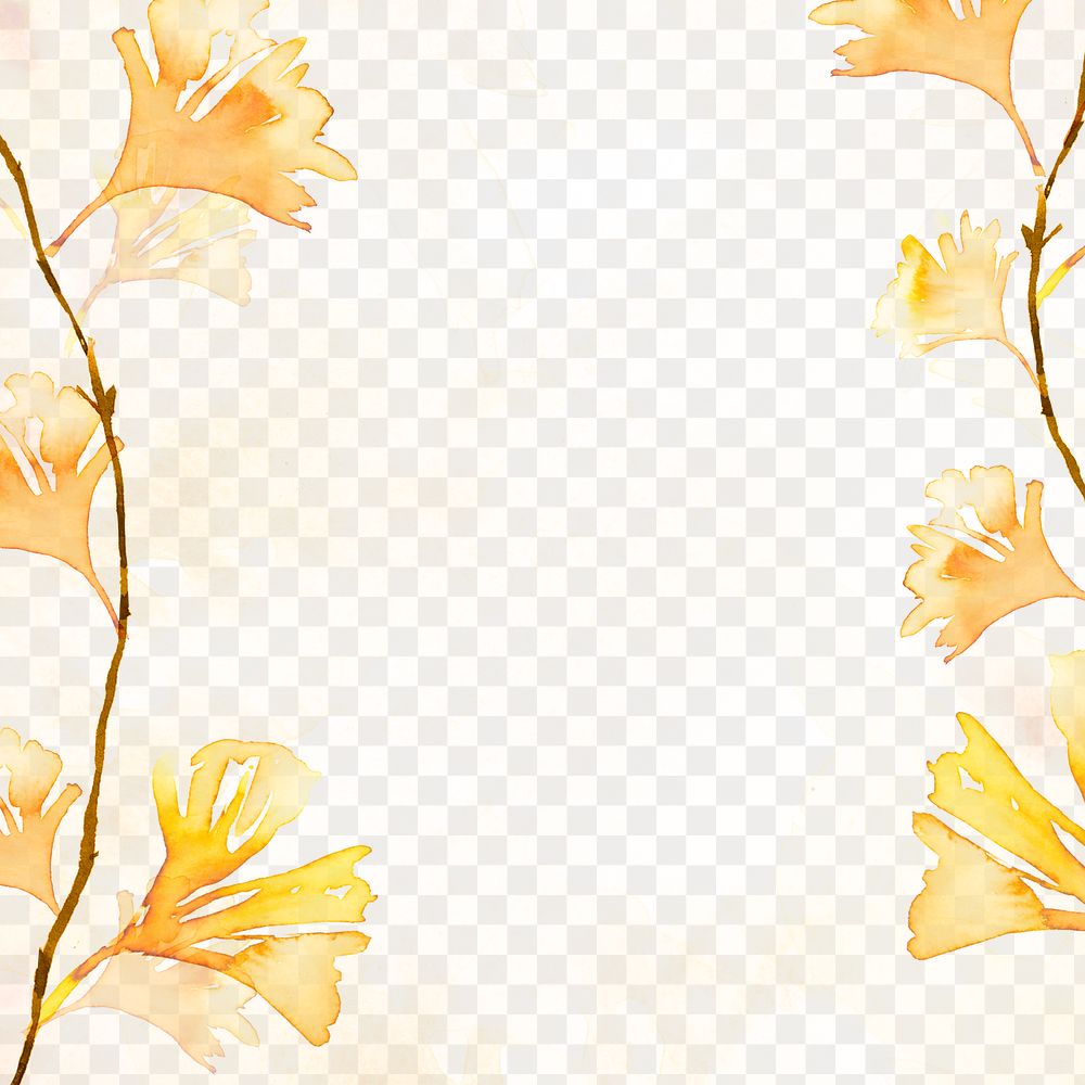 Gingko png leaf border background in orange watercolor autumn season