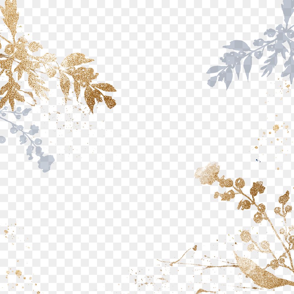 Winter png floral border background in gold with leaf watercolor illustration