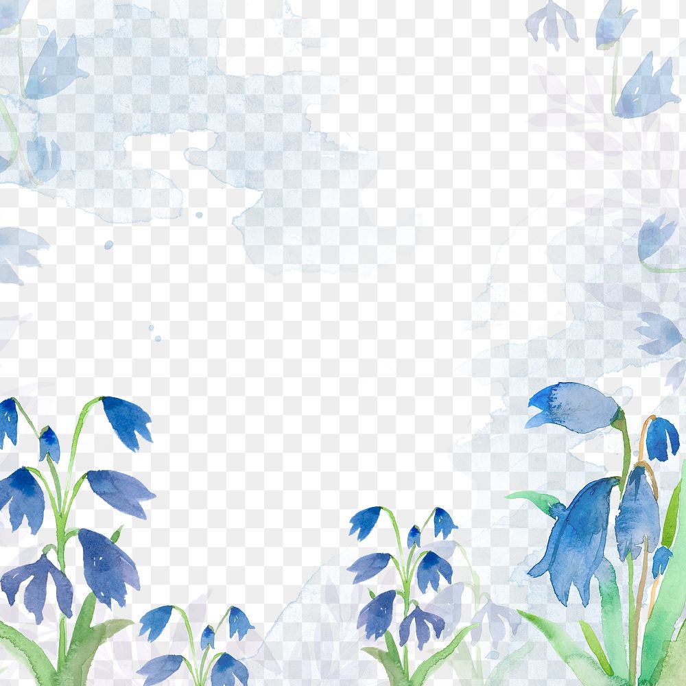 Winter png floral frame background in blue with leaf watercolor illustration