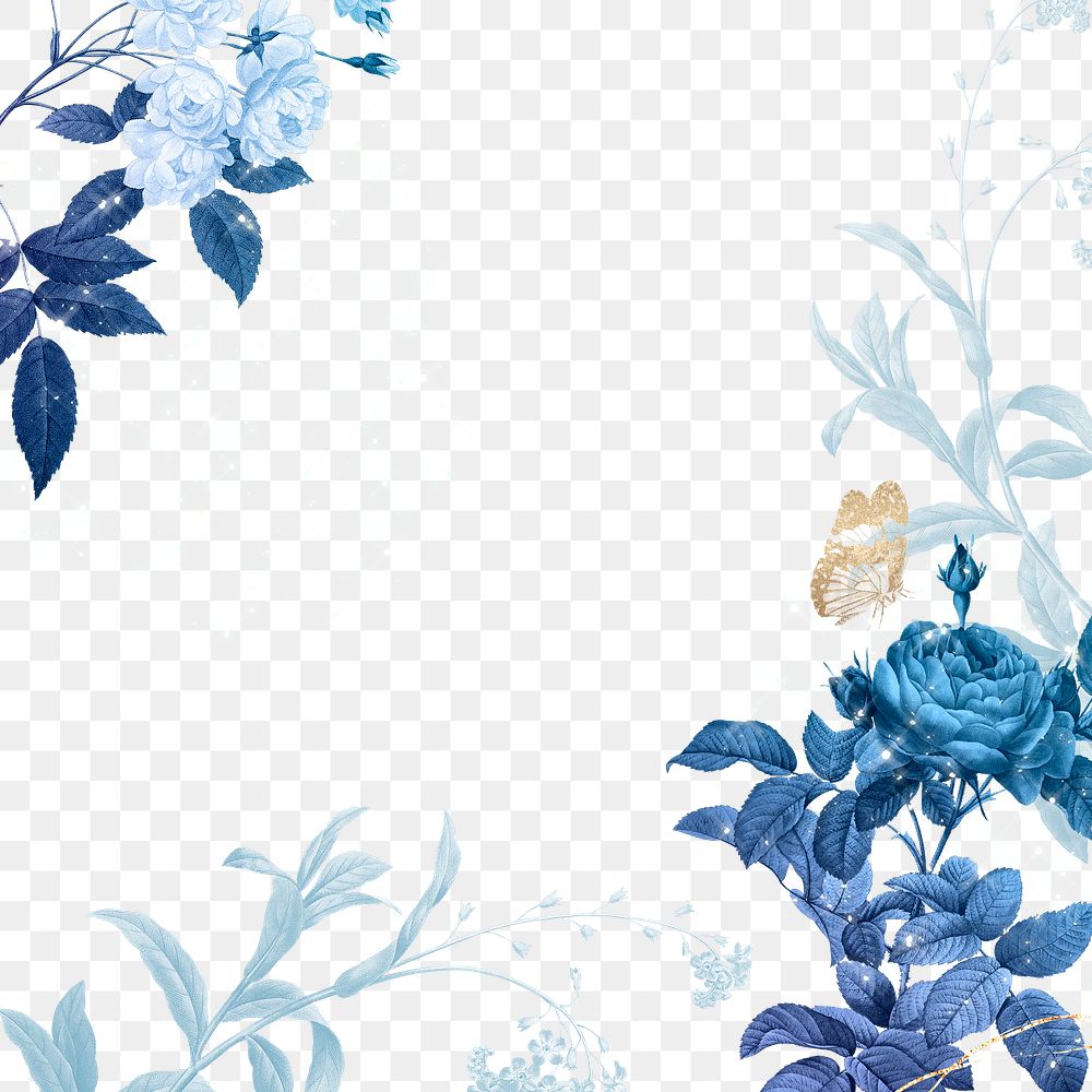 Png flower frame, blue wedding border, remixed from vintage public domain images