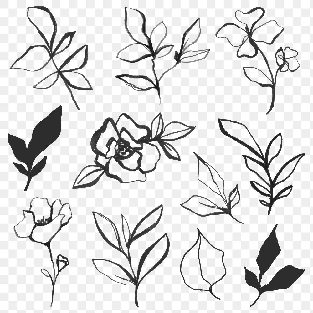 Flower tattoo png set, simple doodle design, remixed from vintage public domain images