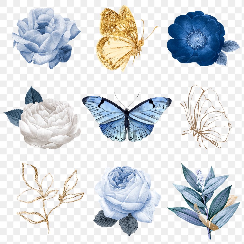 Png flower & butterfly stickers, blue design, remixed from vintage public domain images
