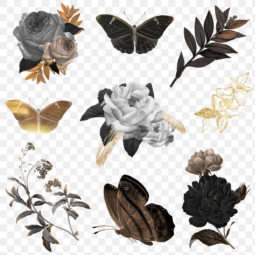 Flower png set, black design, remixed from vintage public domain images