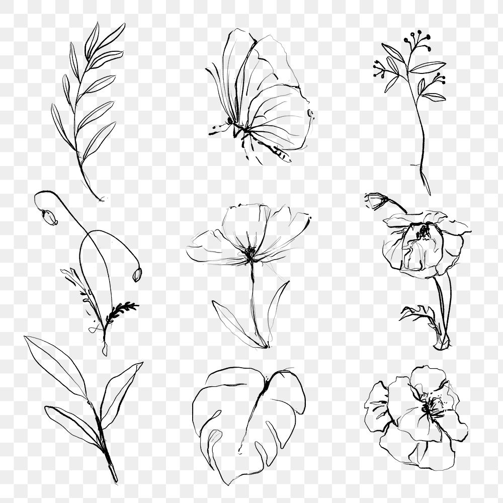 Flower tattoo png set, simple doodle design, remixed from vintage public domain images