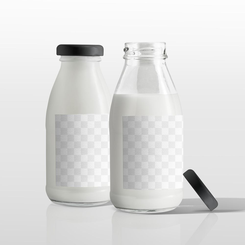 Milk bottle png label mockups, transparent designs