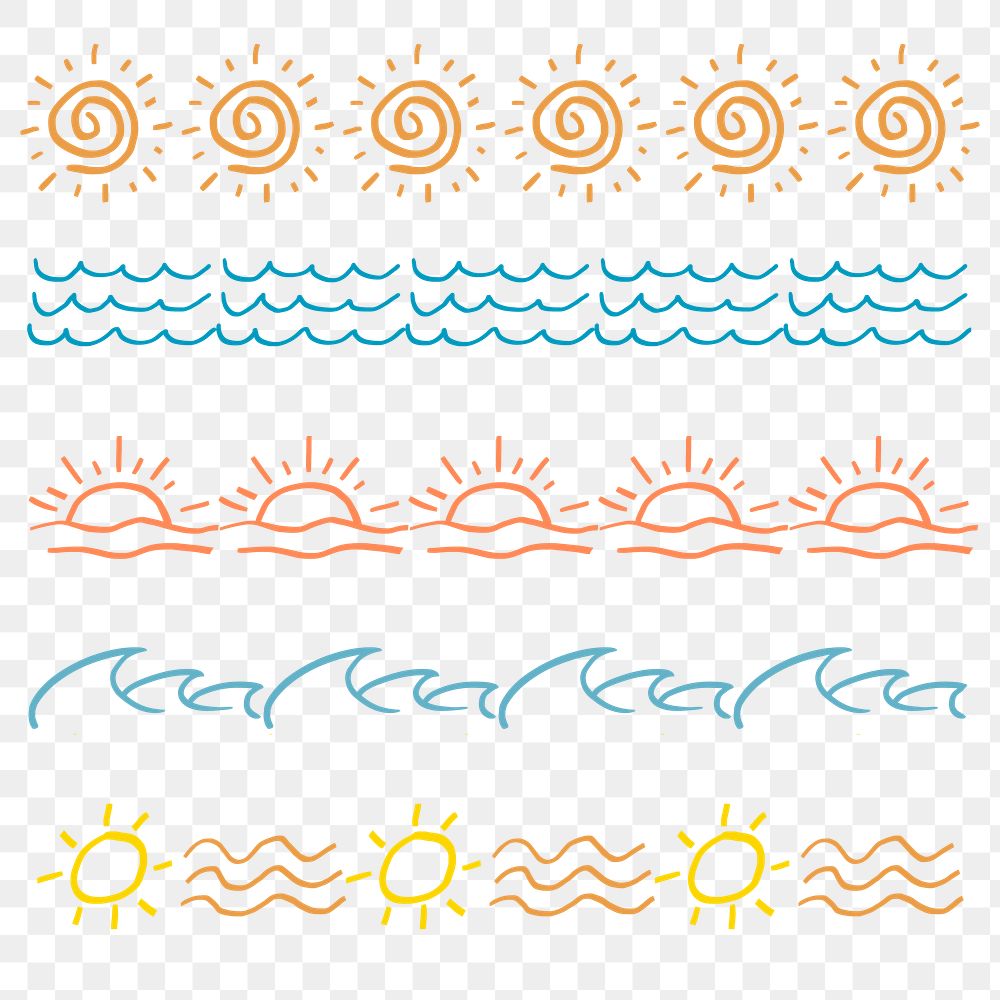 Sun, beach, summer png brush hand drawn ocean wave pattern set