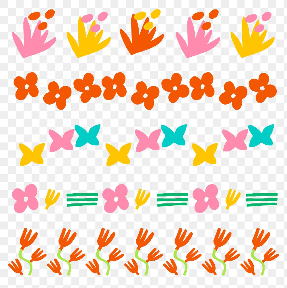 Flower png brush stroke hand drawn nature pattern set