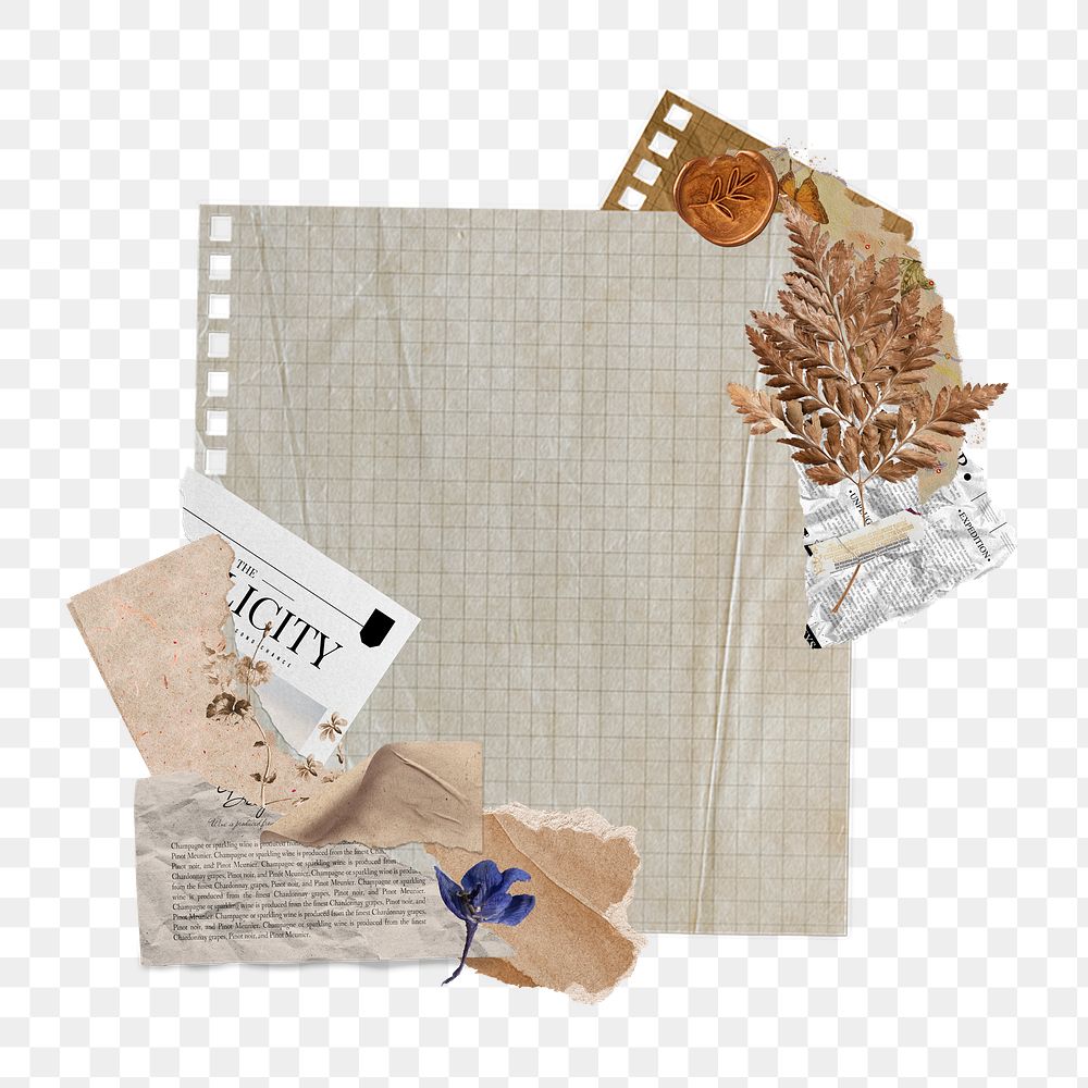 Autumn flower png journal clipart, aesthetic paper collage on transparent background