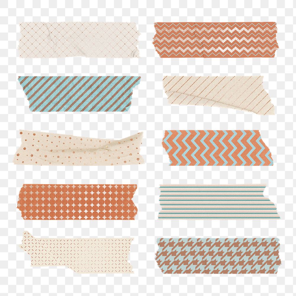 Cute washi tape png sticker, earth tone pattern stationery set on transparent background