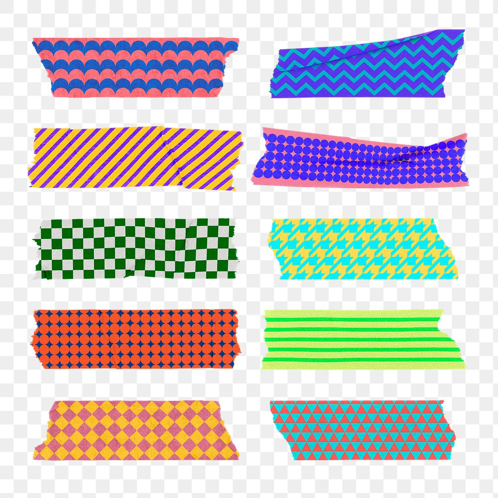 Colorful washi tape png sticker, geometric patterns, abstract design set on transparent background