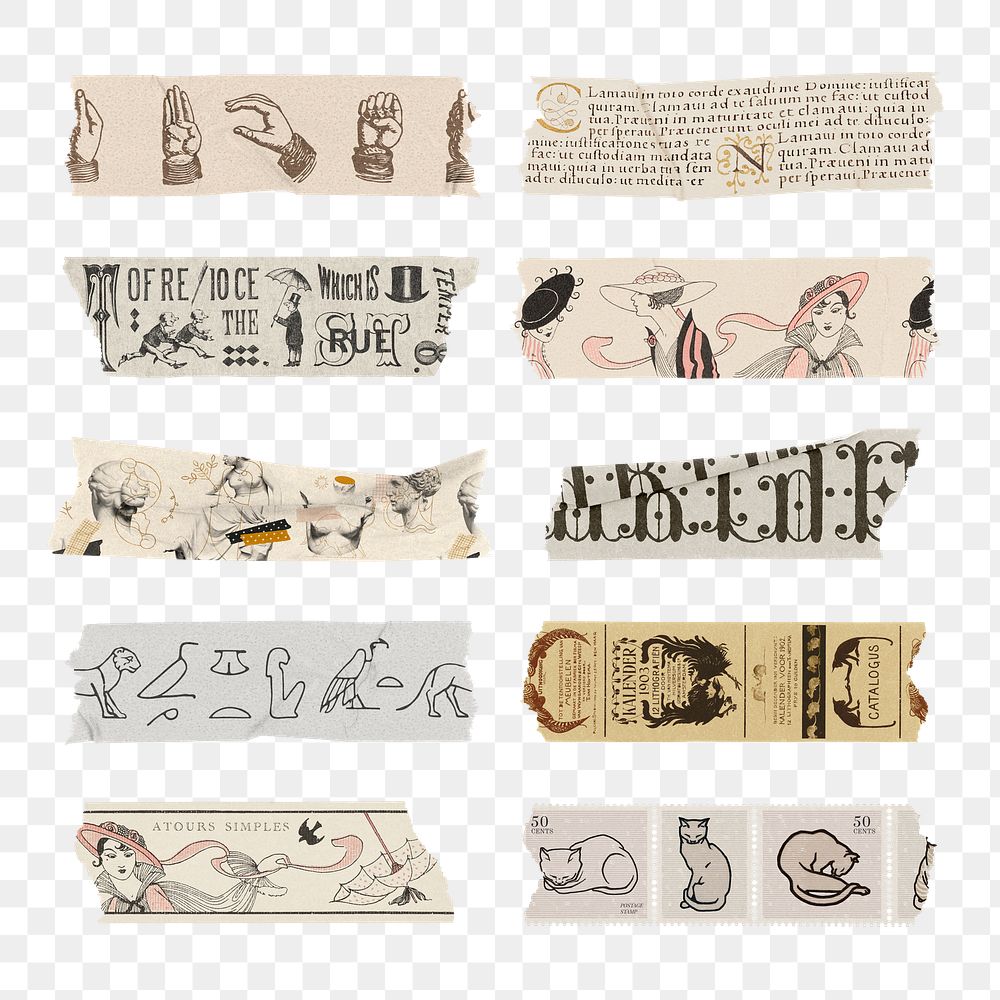 Vintage pattern png washi tape sticker, decorative stationery clipart set