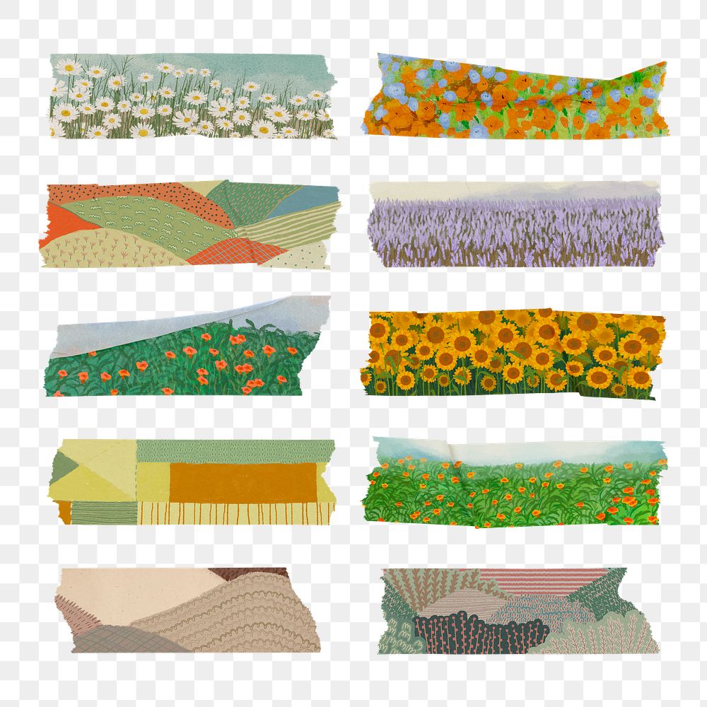 Floral washi tape png sticker, aesthetic colorful design set on transparent background