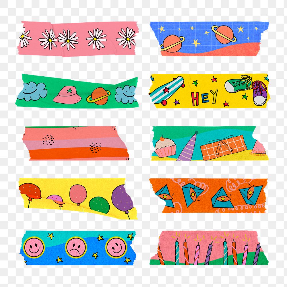 Colorful washi tape png sticker, fun design for kids set on transparent background