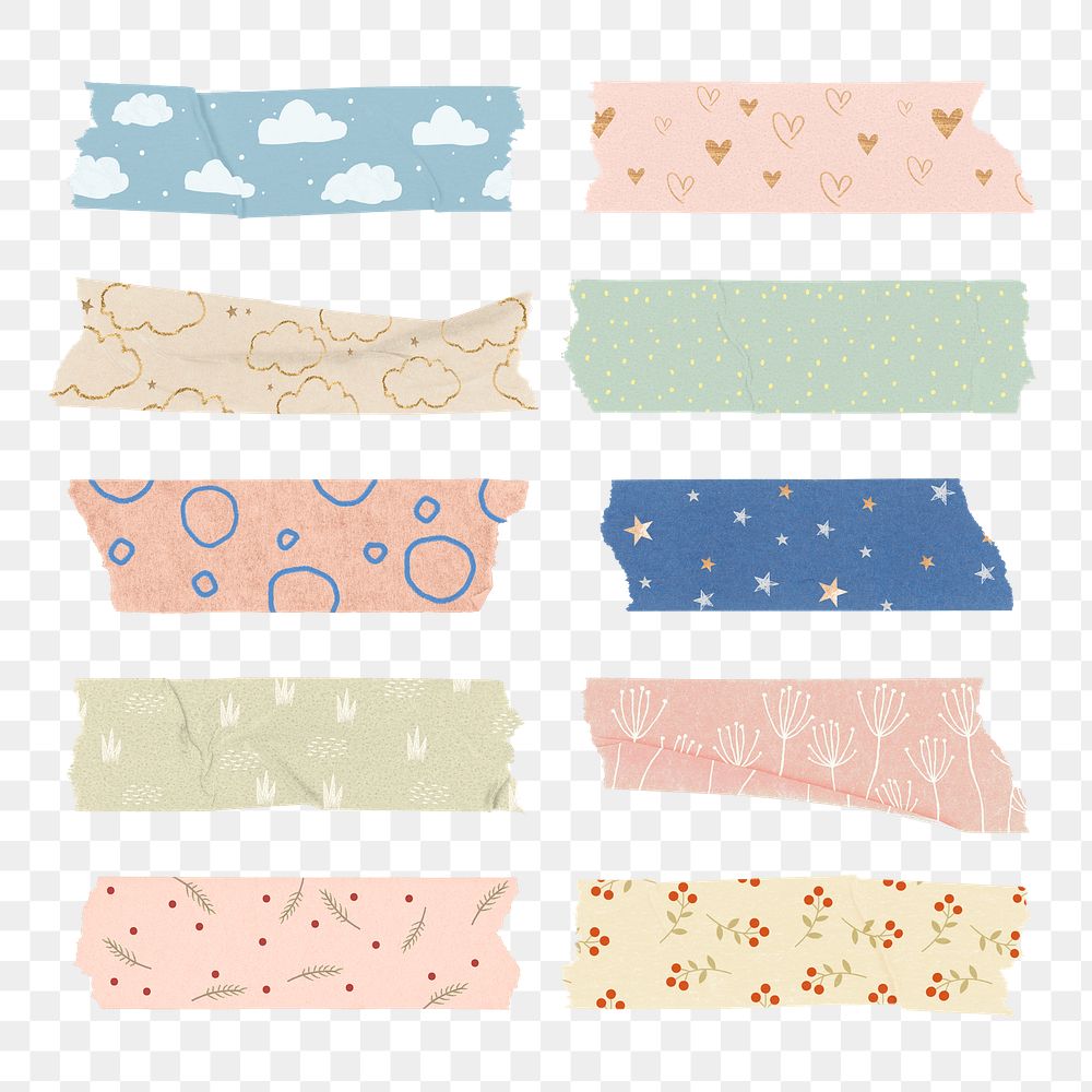 Cute pattern png washi tape sticker, pastel collage element set on transparent background
