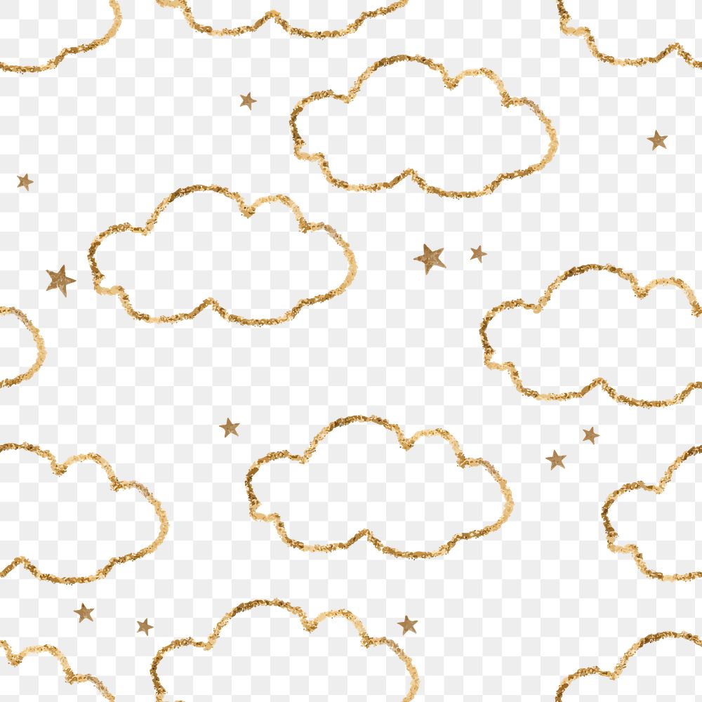 Aesthetic cloud png pattern, transparent background, gold glitter