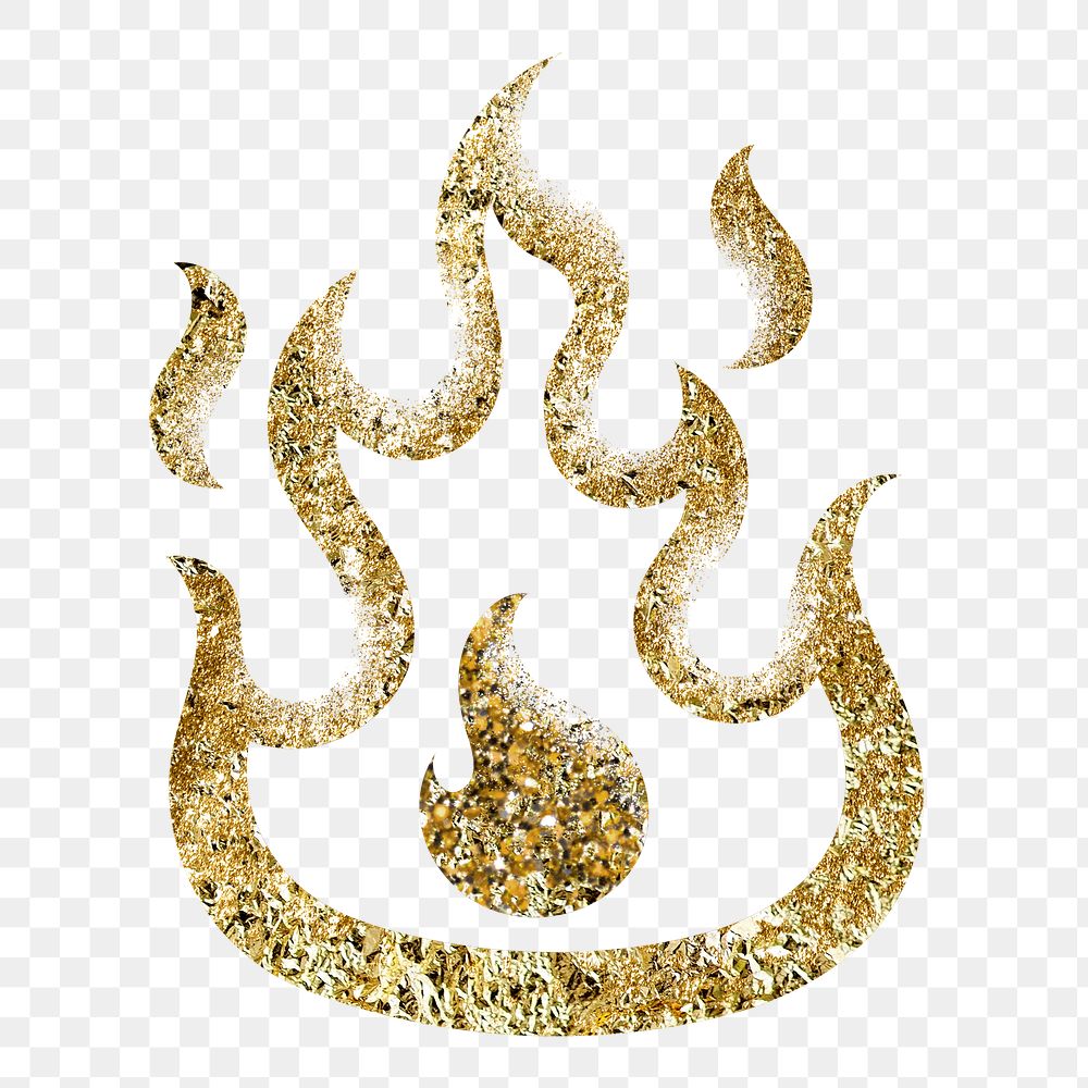 Glitter flame png clipart, gold aesthetic feminine design on transparent background