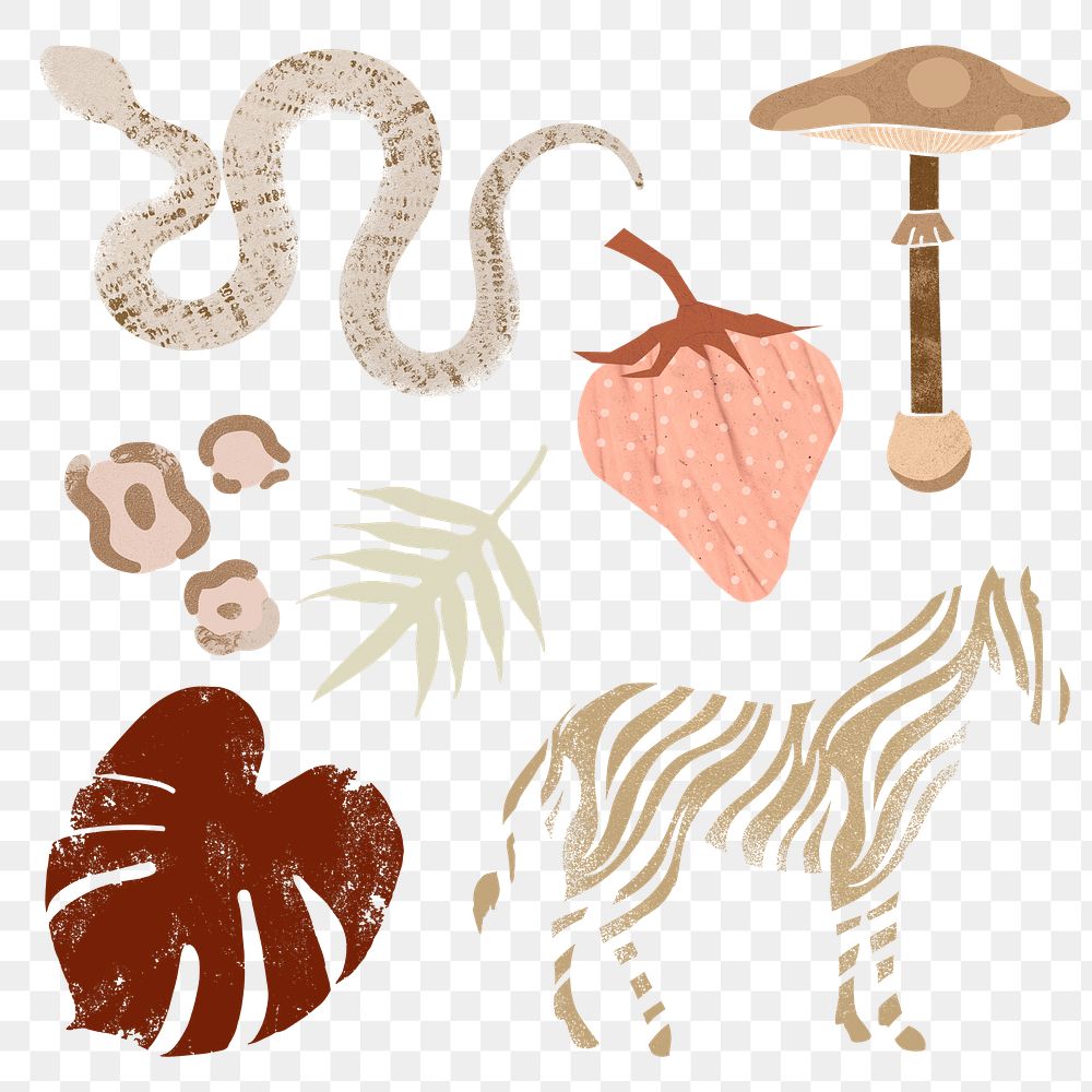 Exotic animal png stickers, aesthetic earthy collage elements set