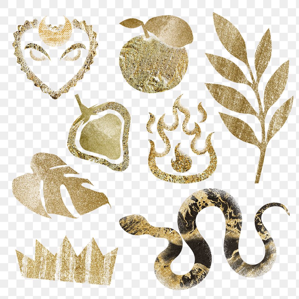 Exotic glittery png stickers, aesthetic gold collage elements set