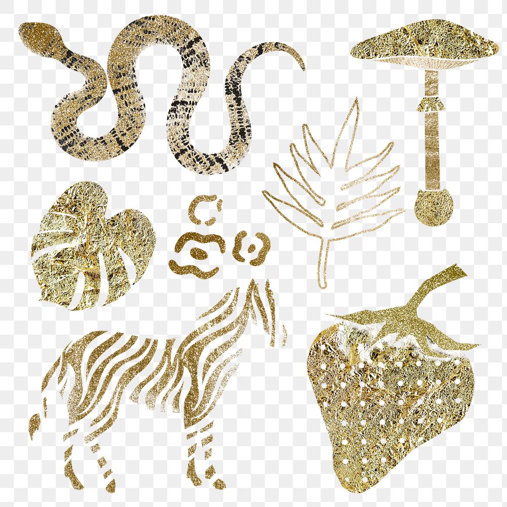 Exotic glittery png stickers, aesthetic gold collage elements set