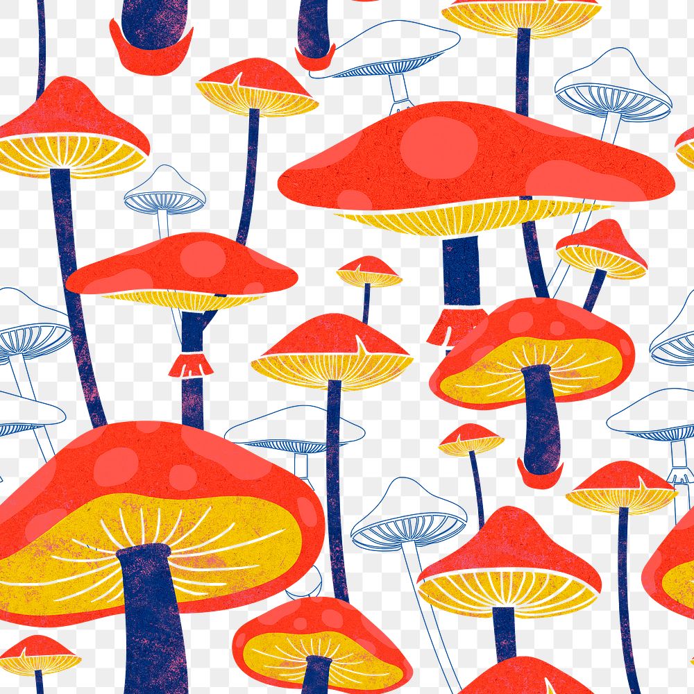 Mushroom psychedelic png pattern, transparent background, red cottagecore design