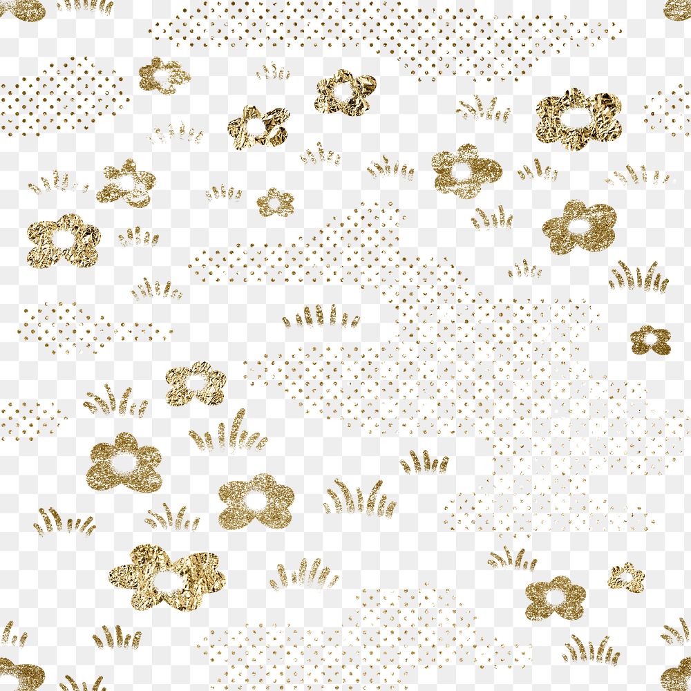 Glitter flower png pattern, transparent background, gold nature design